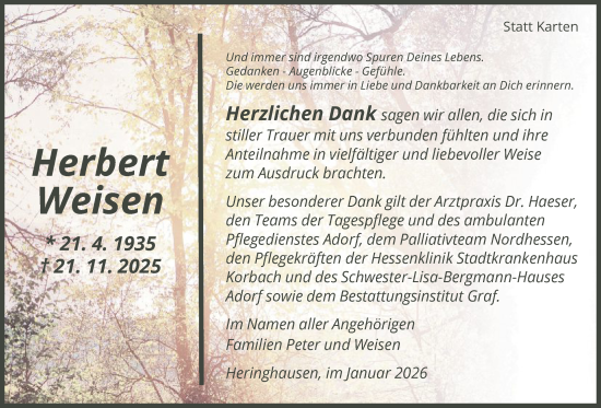 Traueranzeige von Herbert Weisen von WLZ