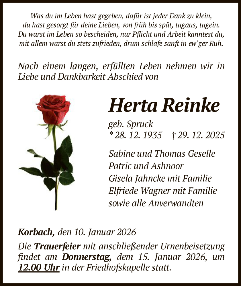  Traueranzeige für Herta Reinke vom 10.01.2026 aus WLZ