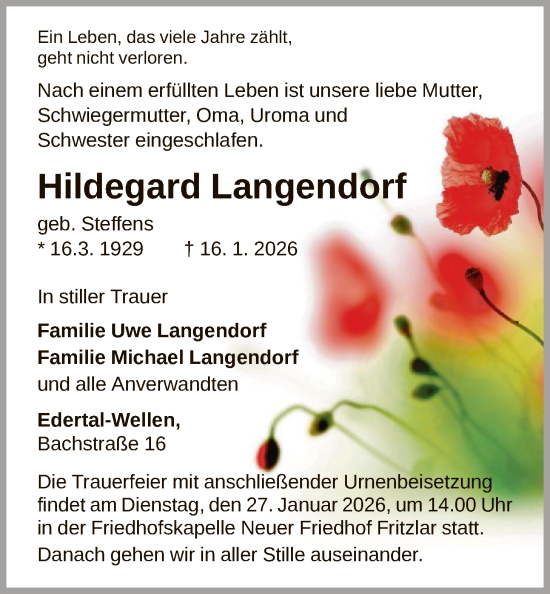 Traueranzeige von Hildegard Langendorf von WLZHNA