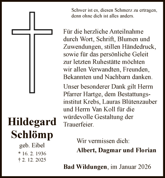 Traueranzeige von Hildegard Schlömp von WLZ