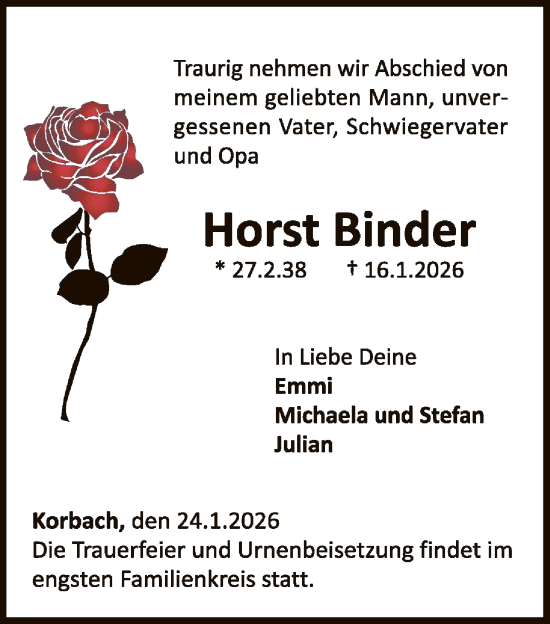 Traueranzeige von Horst Binder von WLZ