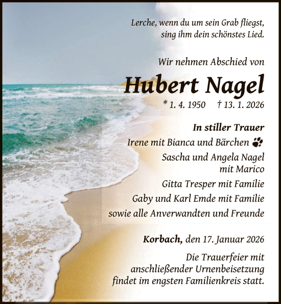 Traueranzeige von Hubert Nagel von WLZ