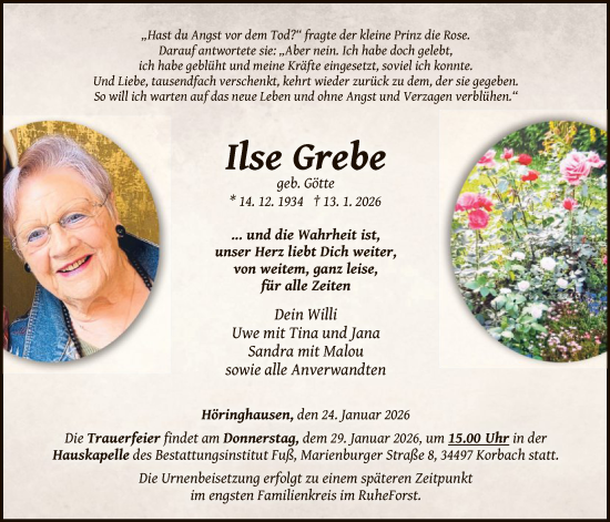 Traueranzeige von Ilse Grebe von WLZ