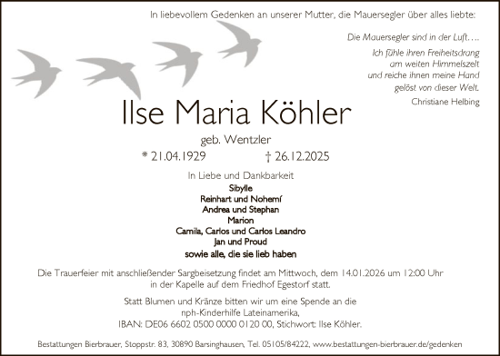 Traueranzeige von Ilse Maria Köhler von WLZ