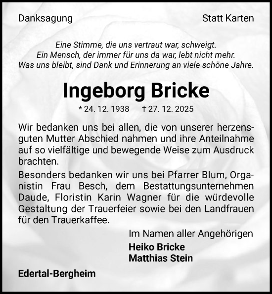 Traueranzeige von Ingeborg Bricke von WLZ