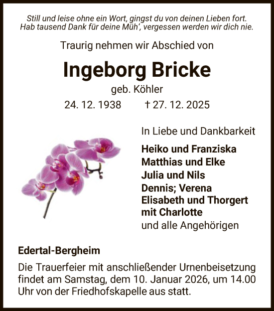 Traueranzeige von Ingeborg Bricke von WLZ