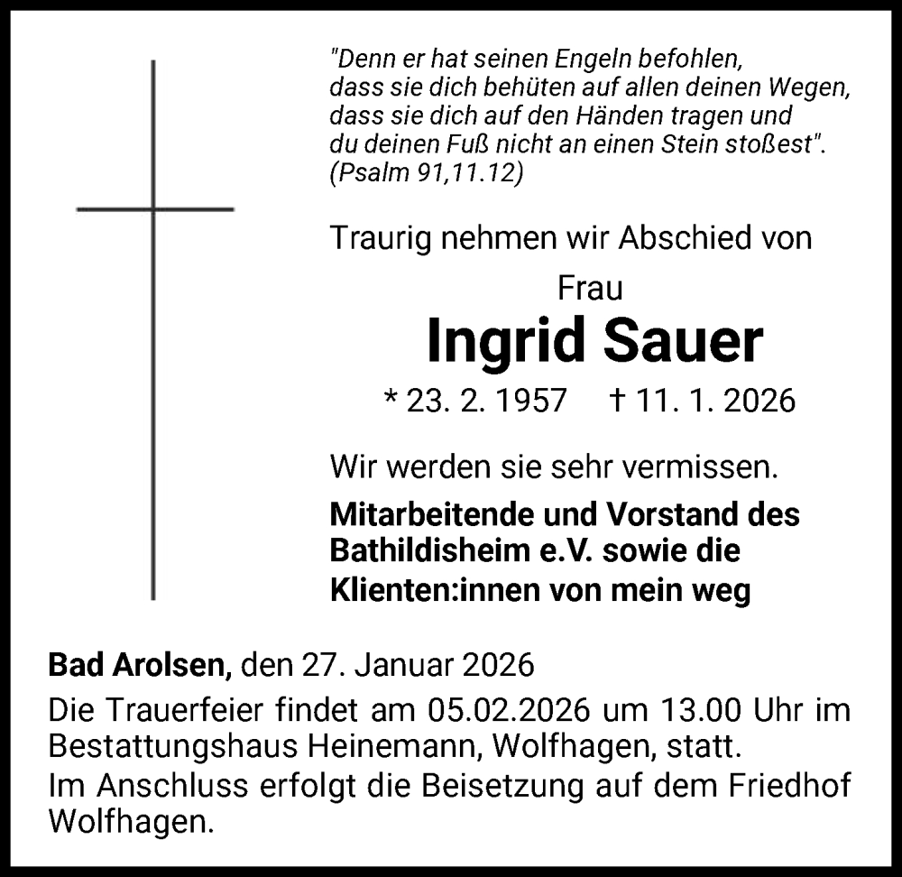  Traueranzeige für Ingrid Sauer vom 27.01.2026 aus WLZ