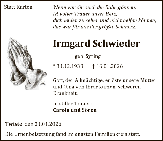 Traueranzeige von Irmgard Schwieder von WLZ