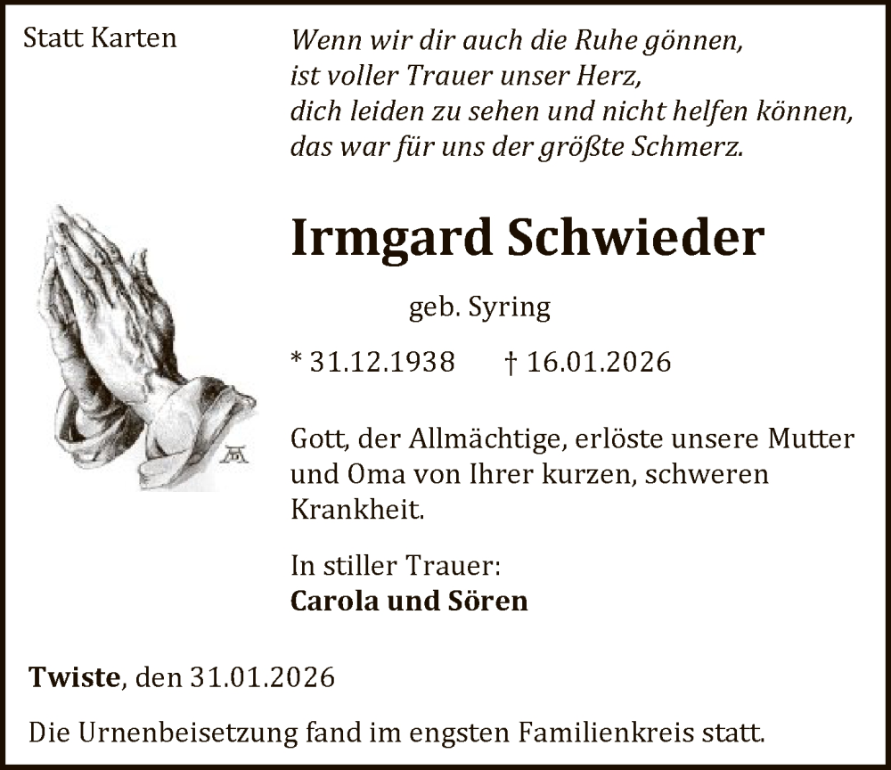  Traueranzeige für Irmgard Schwieder vom 31.01.2026 aus WLZ