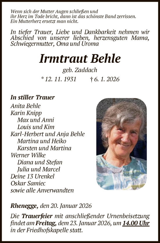 Traueranzeige von Irmtraut Behle von WLZ