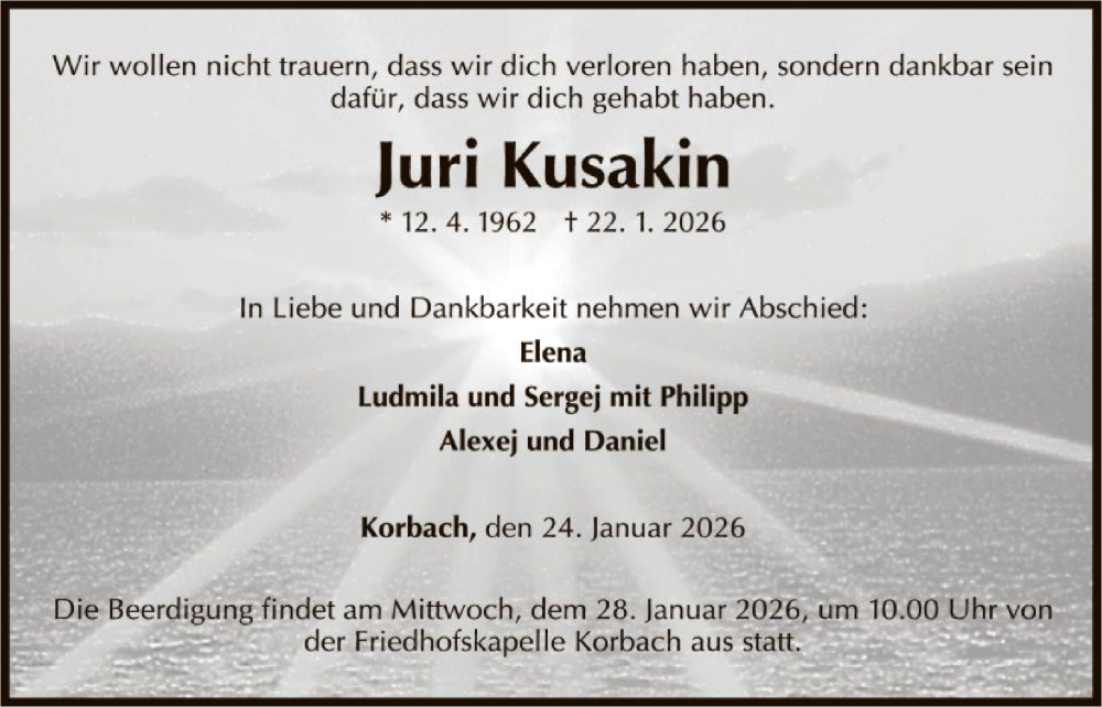  Traueranzeige für Juri Kusakin vom 24.01.2026 aus WLZ