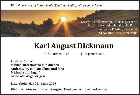 Traueranzeige von Karl August Dickmann von WLZ
