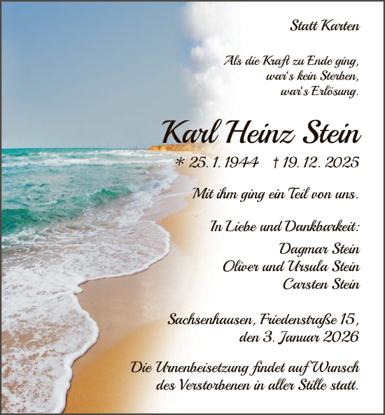 Traueranzeige von Karl Heinz Stein von WLZ