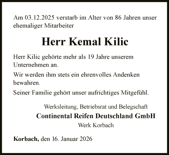 Traueranzeige von Kemal Kilic von WLZ