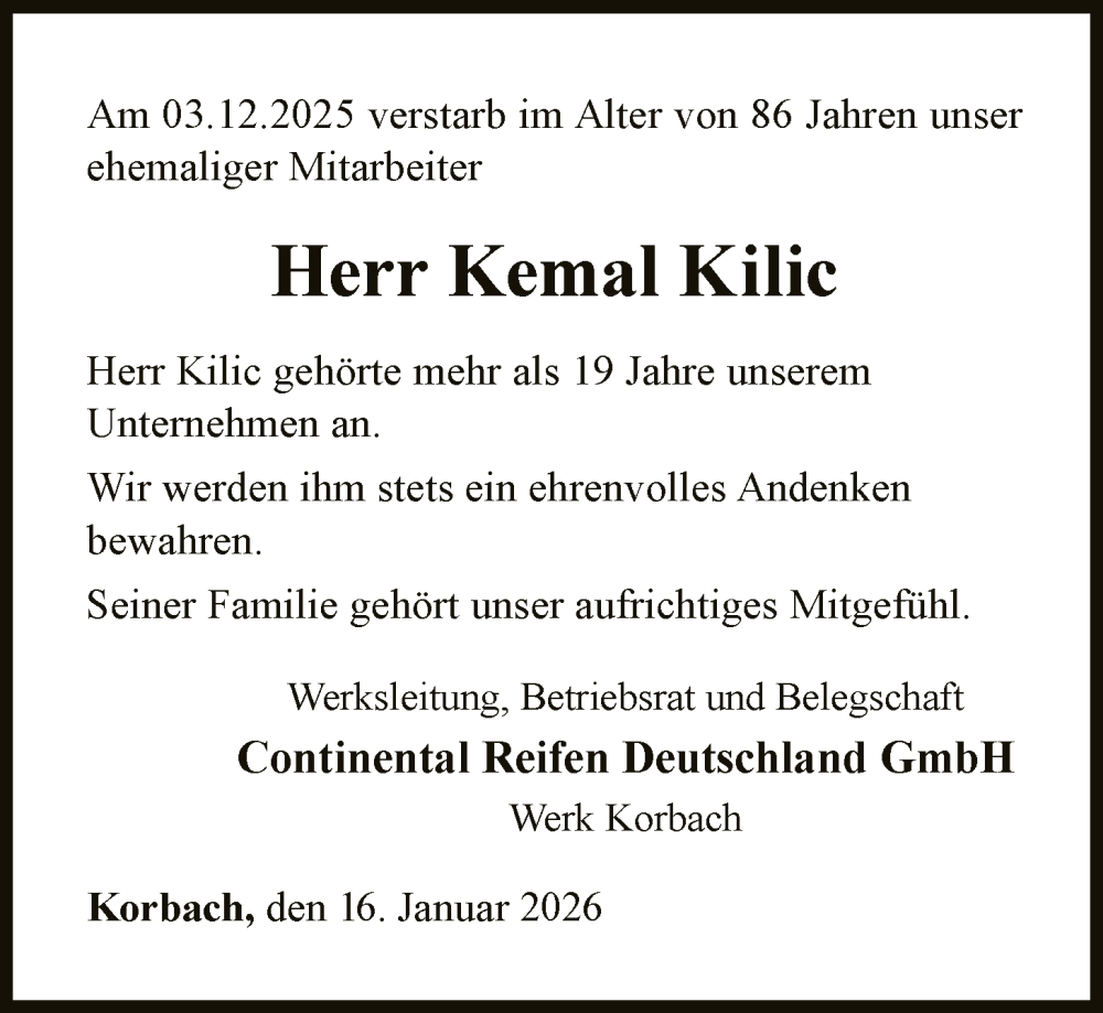  Traueranzeige für Kemal Kilic vom 16.01.2026 aus WLZ