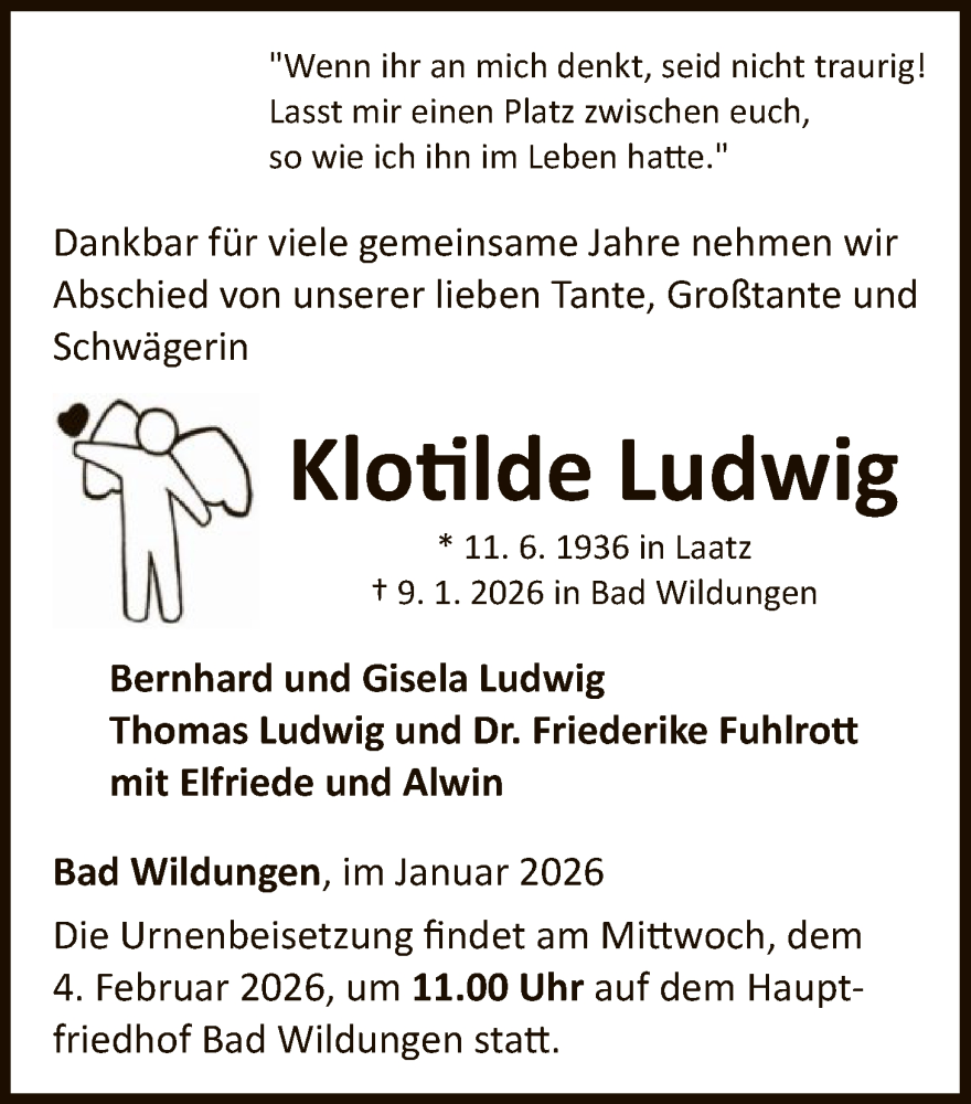  Traueranzeige für Klotilde Ludwig vom 31.01.2026 aus WLZ