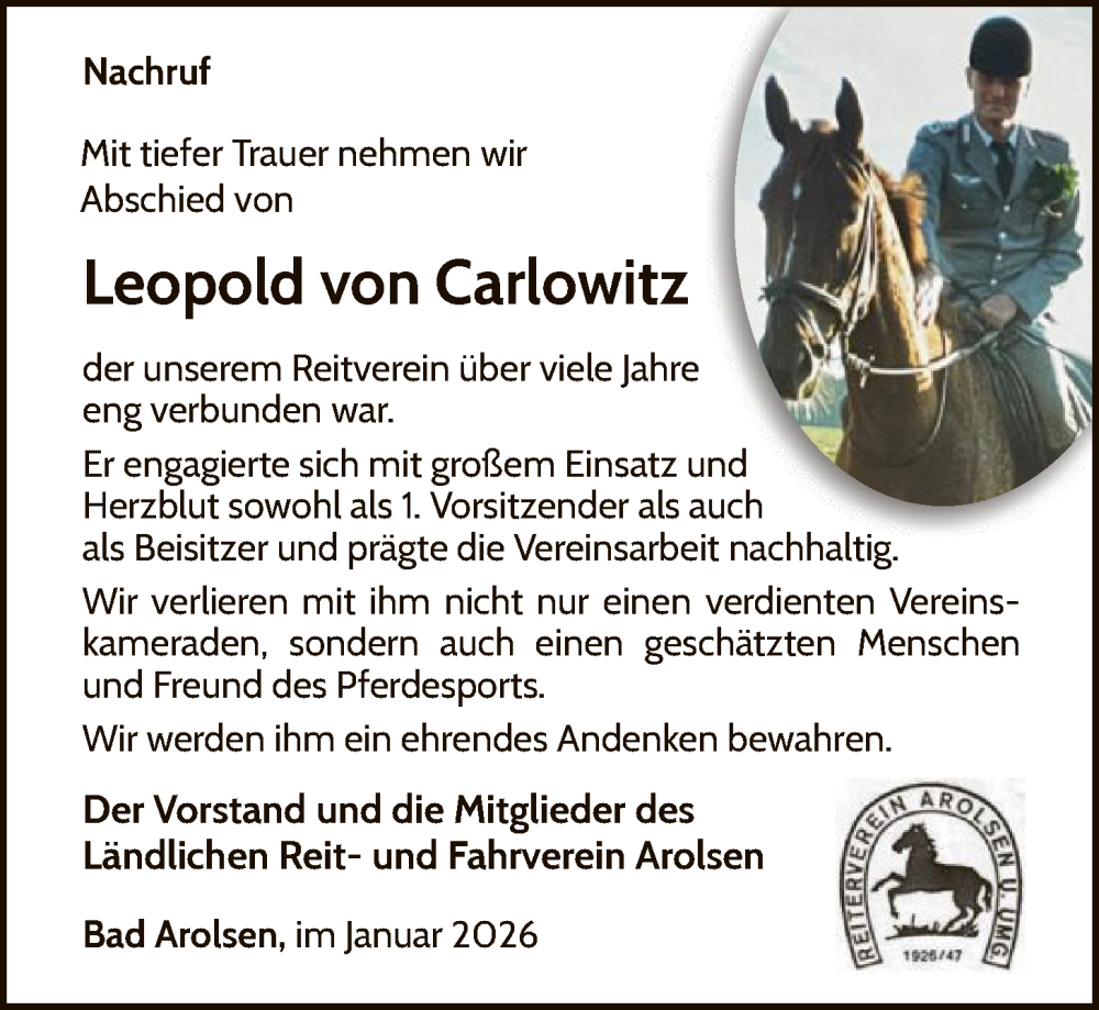  Traueranzeige für Leopold von Carlowitz vom 31.01.2026 aus WLZ