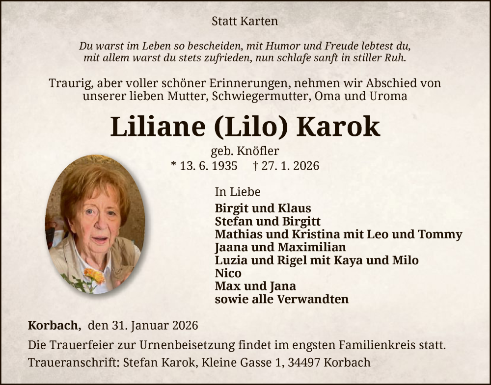  Traueranzeige für Liliane Karok vom 31.01.2026 aus WLZ