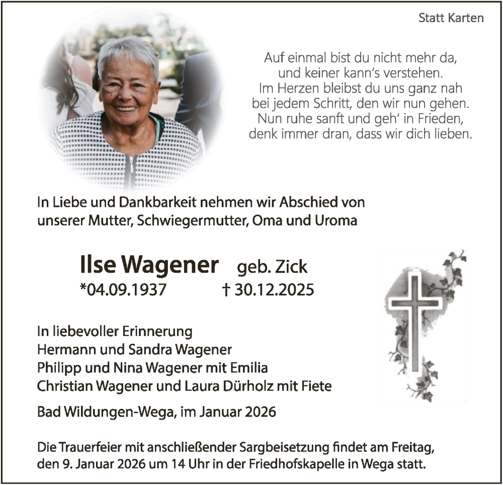  Traueranzeige für Ilse Wagener vom 06.01.2026 aus WLZ