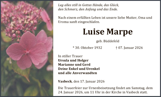 Traueranzeige von Luise Marpe von WLZ