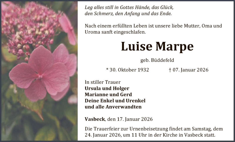  Traueranzeige für Luise Marpe vom 17.01.2026 aus WLZ