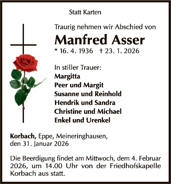 Traueranzeige von Manfred Asser von WLZ