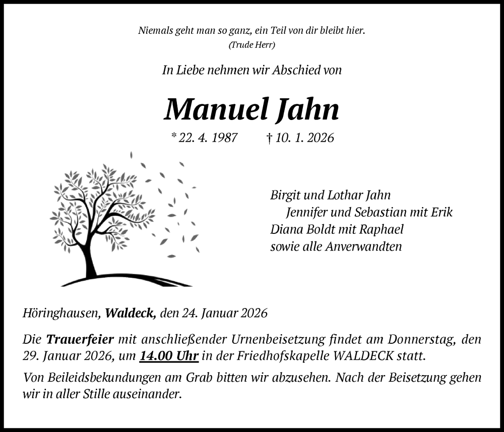  Traueranzeige für Manuel Jahn vom 24.01.2026 aus WLZ