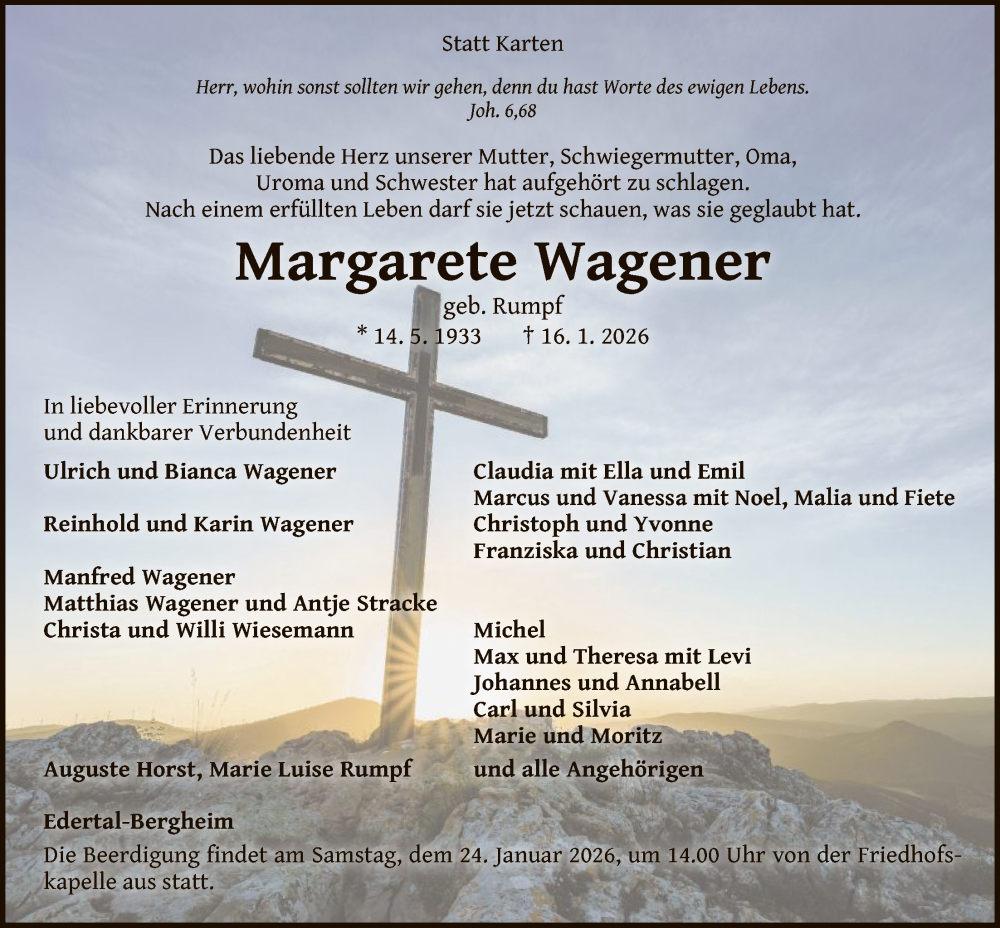  Traueranzeige für Margarete Wagener vom 20.01.2026 aus WLZ