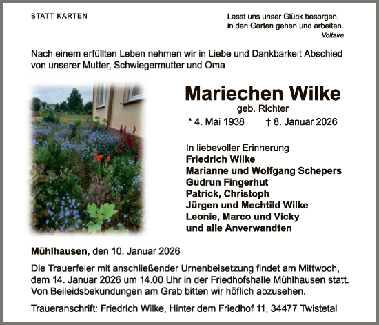 Traueranzeige von Mariechen Wilke von WLZ