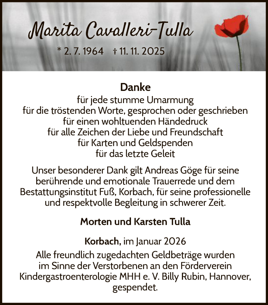  Traueranzeige für Marita Cavalleri-Tulla vom 17.01.2026 aus WLZ