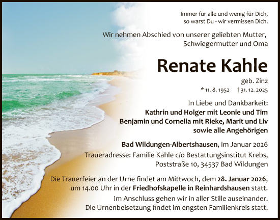 Traueranzeige von Renate Kahle von WLZ