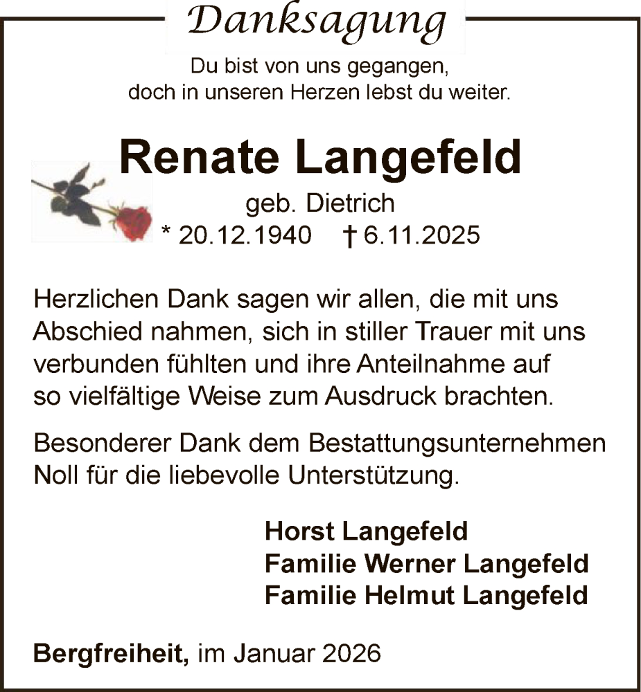  Traueranzeige für Renate Langefeld vom 10.01.2026 aus WLZ
