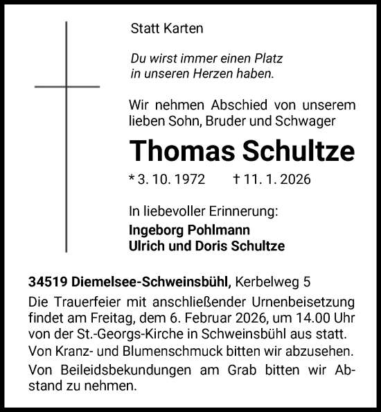 Traueranzeige von Thomas Schultze von WLZ