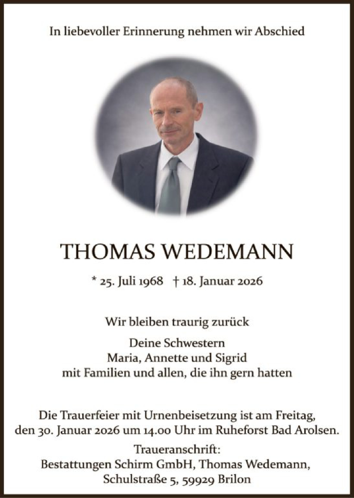  Traueranzeige für Thomas Wedemann vom 24.01.2026 aus WLZ
