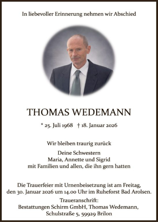 Traueranzeige von Thomas Wedemann von WLZ