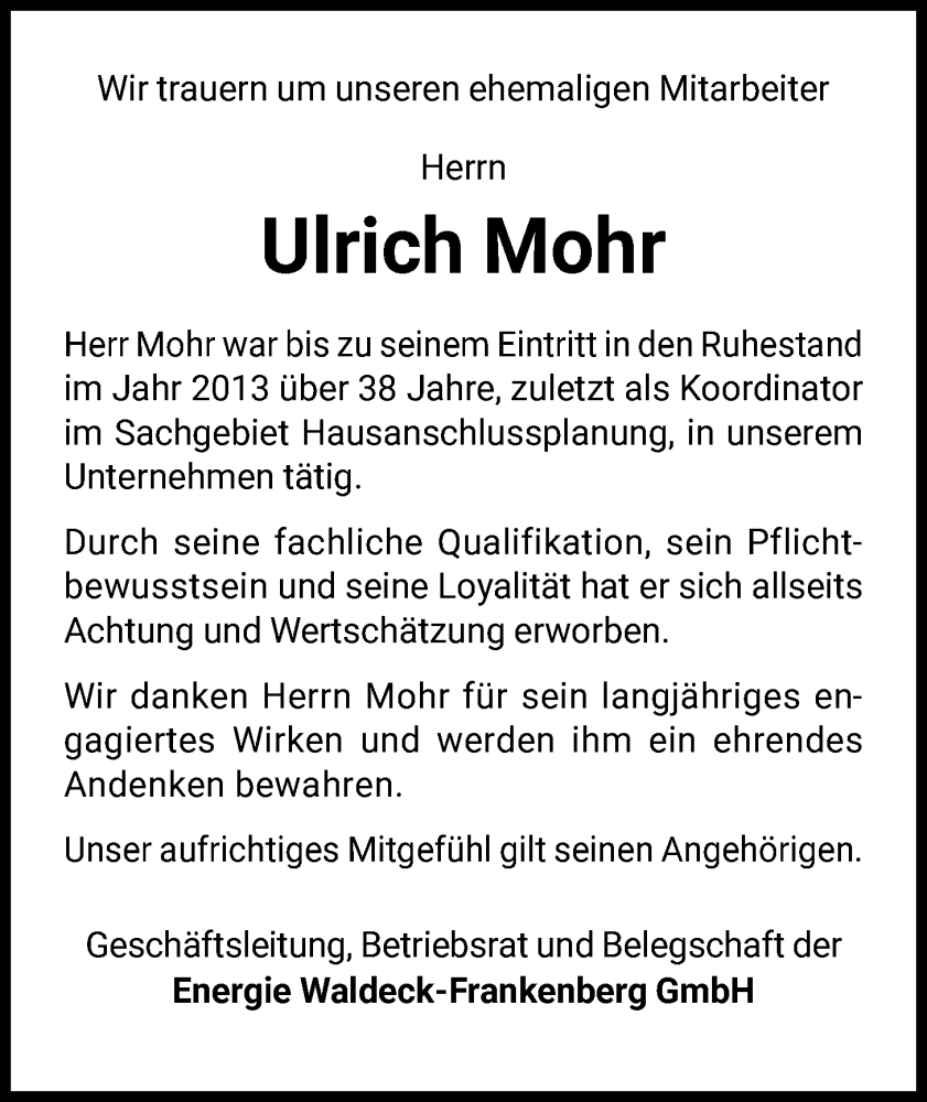  Traueranzeige für Ulrich Mohr vom 31.01.2026 aus WLZ