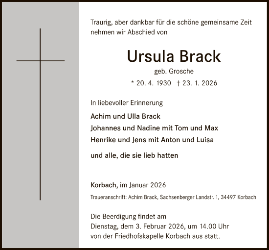 Traueranzeige von Ursula Brack von WLZ