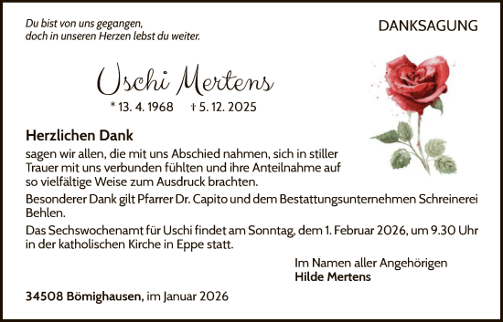 Traueranzeige von Uschi Mertens von WLZ