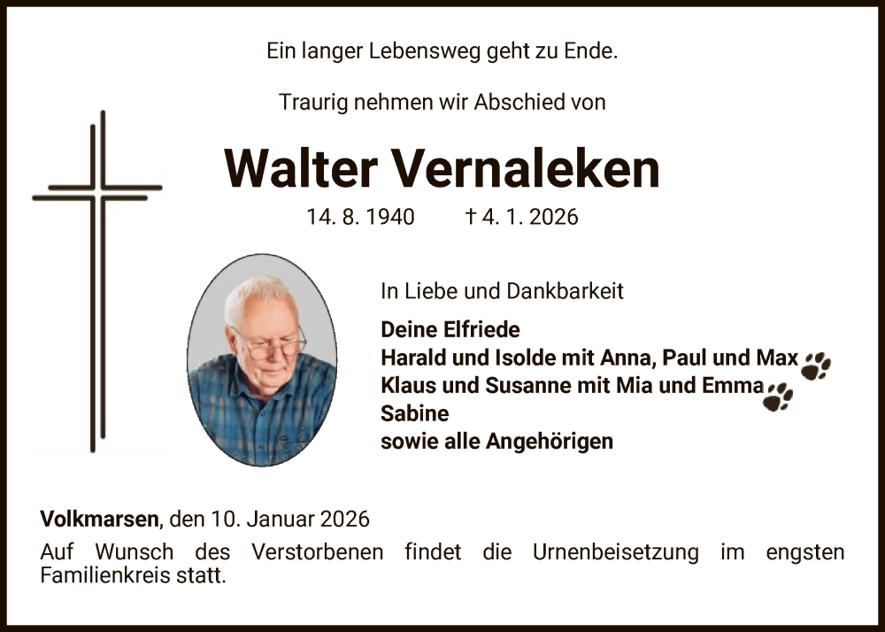  Traueranzeige für Walter Vernaleken vom 10.01.2026 aus WLZ