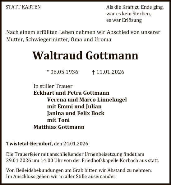Traueranzeige von Waltraud Gottmann von WLZ