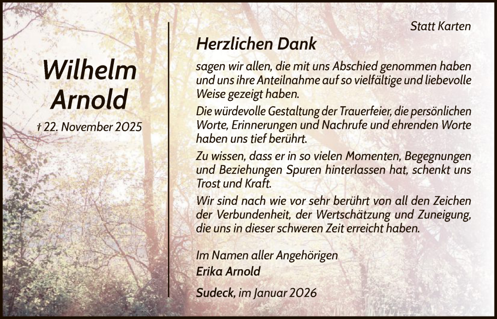  Traueranzeige für Wilhelm Arnold vom 31.01.2026 aus WLZ