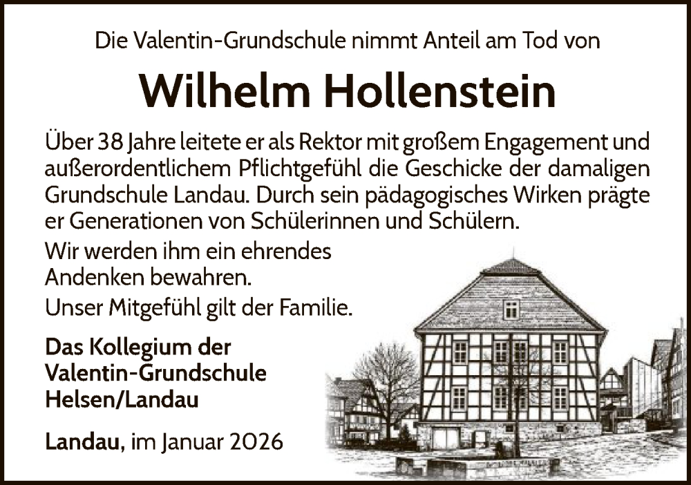  Traueranzeige für Wilhelm Hollenstein vom 24.01.2026 aus WLZ