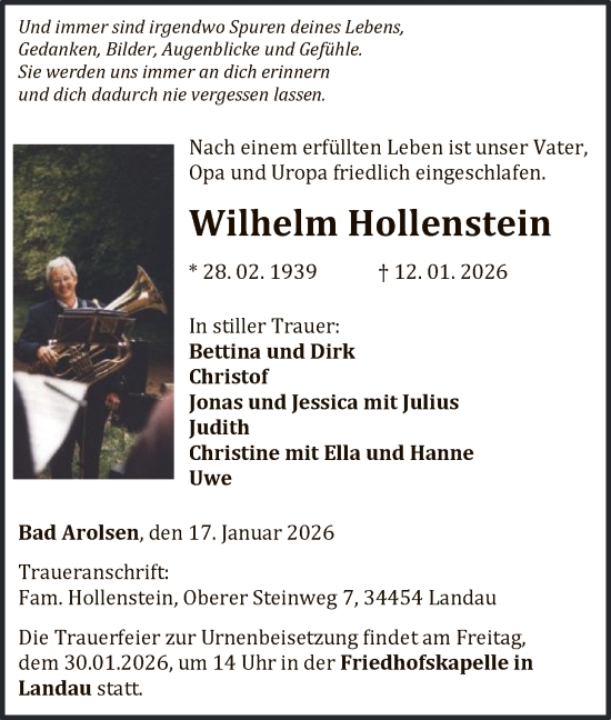 Traueranzeige von Wilhelm Hollenstein von WLZ