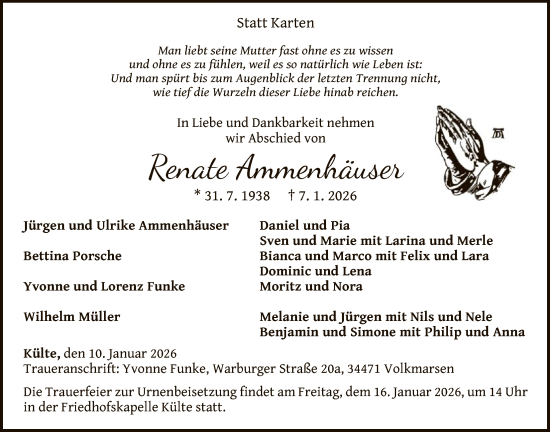 Traueranzeige von Renate Ammenhäuser von WLZ
