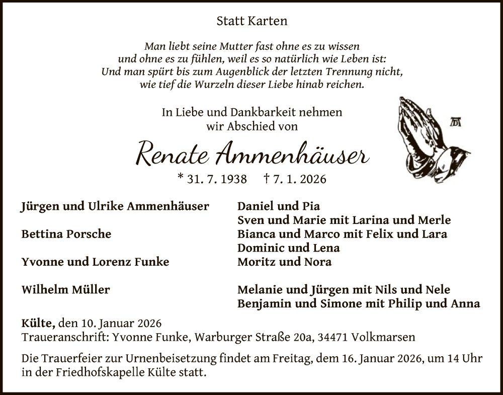  Traueranzeige für Renate Ammenhäuser vom 10.01.2026 aus WLZ