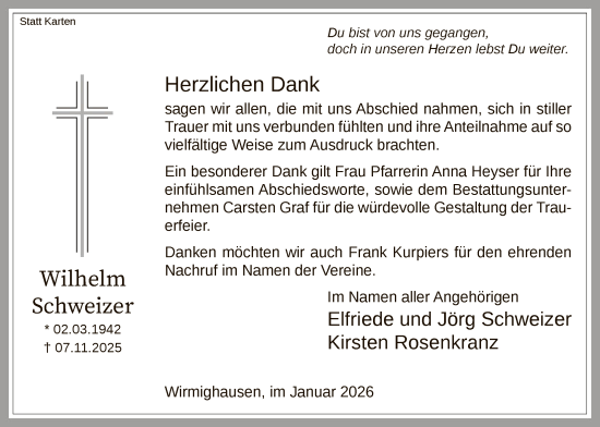 Traueranzeige von Wilhelm Schweizer von WLZ