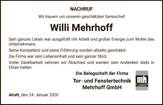Traueranzeige von Willi Mehrhoff von WLZHNA