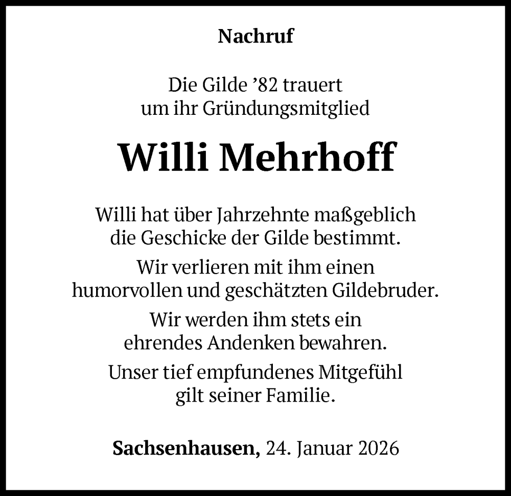  Traueranzeige für Willi Mehrhoff vom 24.01.2026 aus WLZ