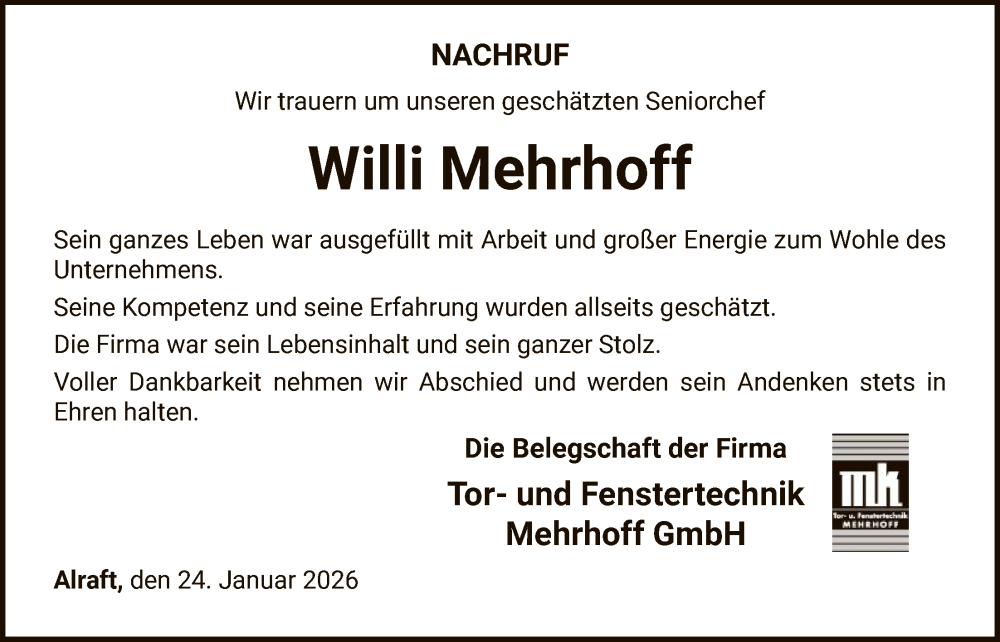  Traueranzeige für Willi Mehrhoff vom 24.01.2026 aus WLZHNA