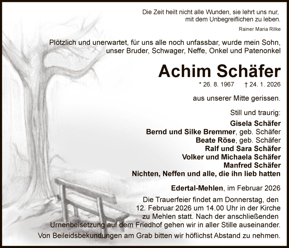  Traueranzeige für Achim Schäfer vom 07.02.2026 aus WLZ